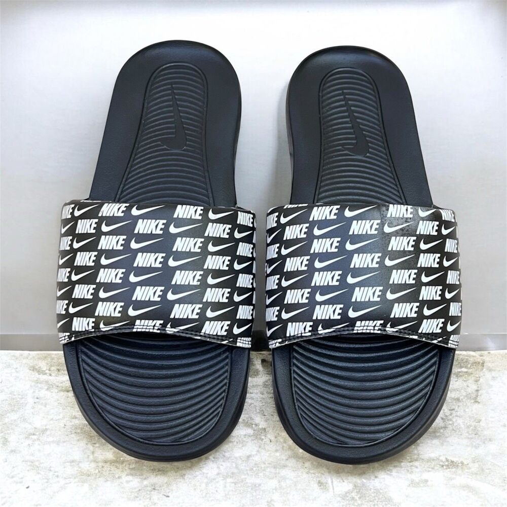 Nike Victori One Print Slides Repeat Logo Black White Athletic Sandals Mens 11